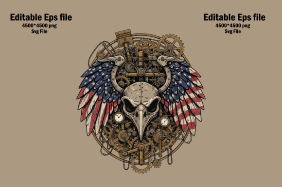 Steampunk Skull with American Flag Wings: A Bold Graphic Design Asset